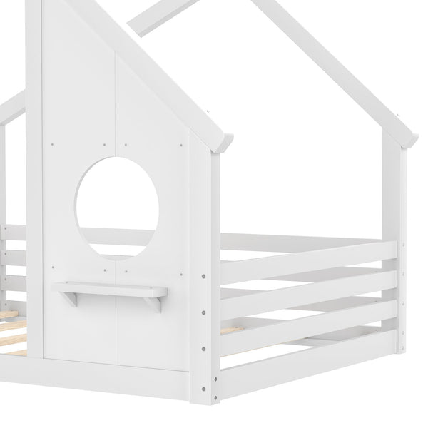 English Elm Full House Floor Bed with Roof Window and Shelf – Solid Pine Kids Loft-Style Low Bed, Durable Design White W1580P362693