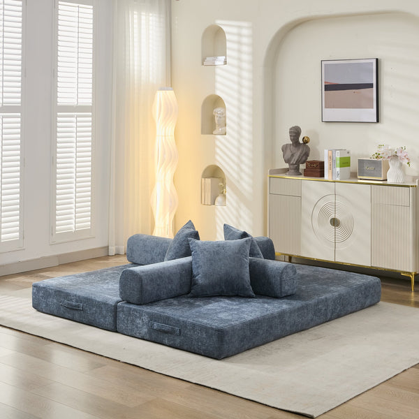 English Elm Comfy Chenille Convertible Folding Mattress Couch Sofa Bed with Armrest, Space-Saving, No Assembly Needed Blue W1143P330252