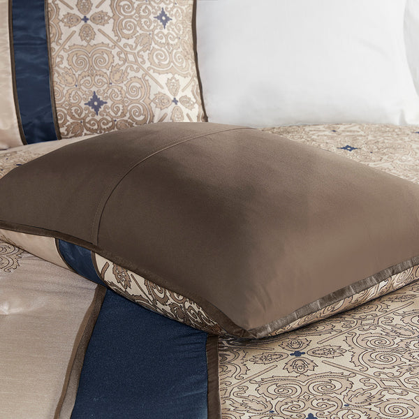 JLA Home Madison Park - 7 Piece Jacquard Comforter Set Elevates Bedroom with Embroidered Medallions, Navy Taupe Luxury Feel MP10-4346