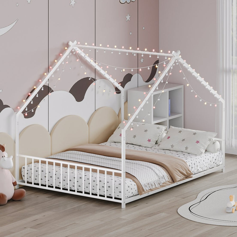 English Elm Full Full-size children's bed frame with LED roof design, white iron house-style frame, sturdy 350lb capacity W1820P356060