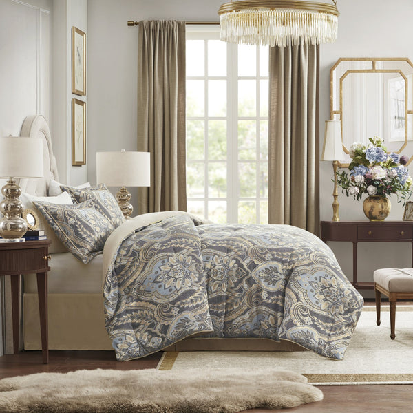 English Elm 4 Piece Julius King Comforter Set Blue/Grey Jacquard Chenille Luxury Bedding with Gold Illusion, Regal Style B035128757