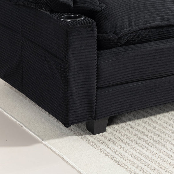 English Elm Modern Black Corduroy L-shaped Sectional with Ottoman for Spacious Living Rooms W2715P382263