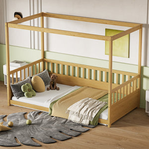 English Elm Twin Pine Canopy Bed Frame with Guardrails for Kids – Montessori Floor Bed with Four Poster Design and Cozy Decor Options Natural Wood W1858P252839