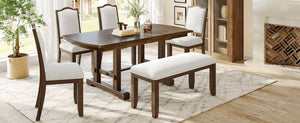 English Elm 6-piece Extendable Wood Dining Set with Linen Upholstered Chairs Bench Seats Eight Beige+Brown N752S000097D