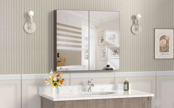English Elm 32*28medicine Cabinet Aluminum Wall Mount Mirrored Storage with Adjustable Bathroom Shelves W708P421793