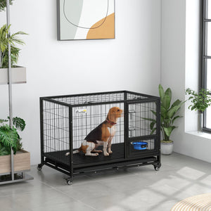 English Elm PawHut Heavy Duty 43" Steel Dog Crate with Wheels, Removable Tray, Top Access & Foldable Bowl Holder Black W2225P217150