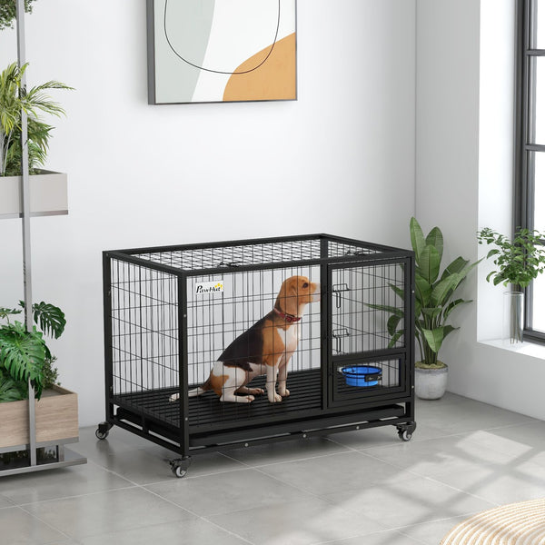 English Elm PawHut Heavy Duty 43" Steel Dog Crate with Wheels, Removable Tray, Top Access & Foldable Bowl Holder Black W2225P217150