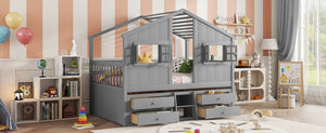 English Elm Full Size House Loft Bed With Roof & Windows, 4 Storage Drawers, Safe Pine Frame In Grey Finish W504S00241