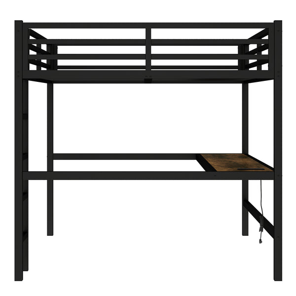 English Elm Metal Queen Loft Bed With Integrated Desk, Power Outlet & Led Lights - Space-Saving Black Design W1580S00107