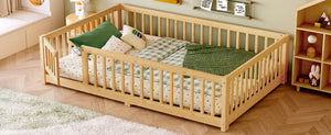 English Elm Full Floor Bed with Safety Guardrails and Play Door for Kids, Low Profile Pine Frame, 550lb Capacity Natural W1580P338952