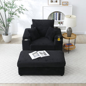 English Elm Oversized Corduroy Accent Chair with Ottoman Neck Pillow and Wide Armrests for Cozy Reading Black W1117S00248
