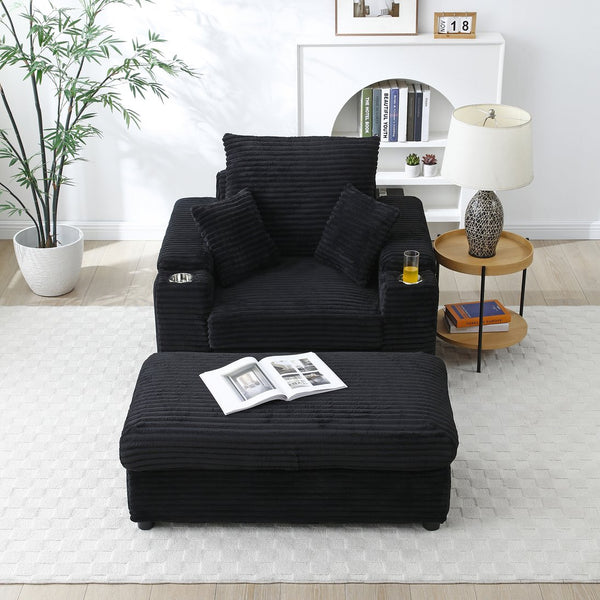 English Elm Oversized Corduroy Accent Chair with Ottoman Neck Pillow and Wide Armrests for Cozy Reading Black W1117S00248