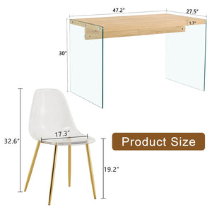 English Elm Table And Chair Set - Modern Wood Texture Mdf Coffee Table With Glass Legs & 4 Transparent Chairs W1151S02076-GIGA
