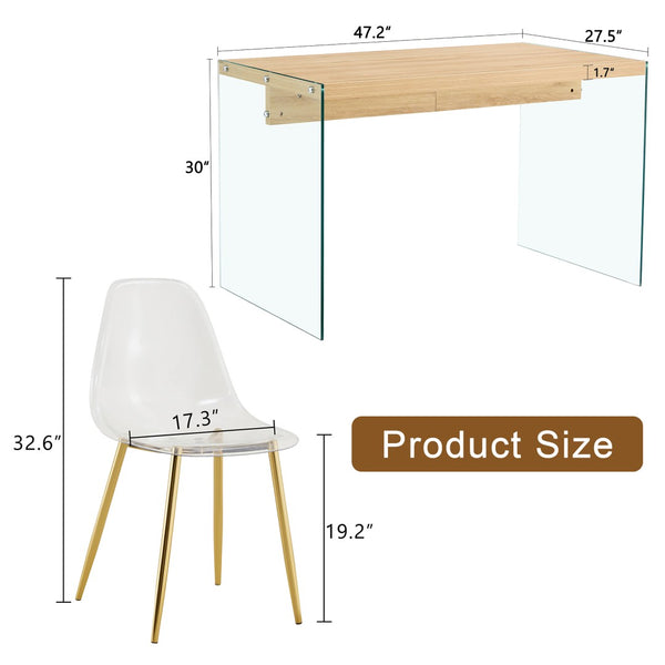 English Elm Table And Chair Set - Modern Wood Texture Mdf Coffee Table With Glass Legs & 4 Transparent Chairs W1151S02076-GIGA