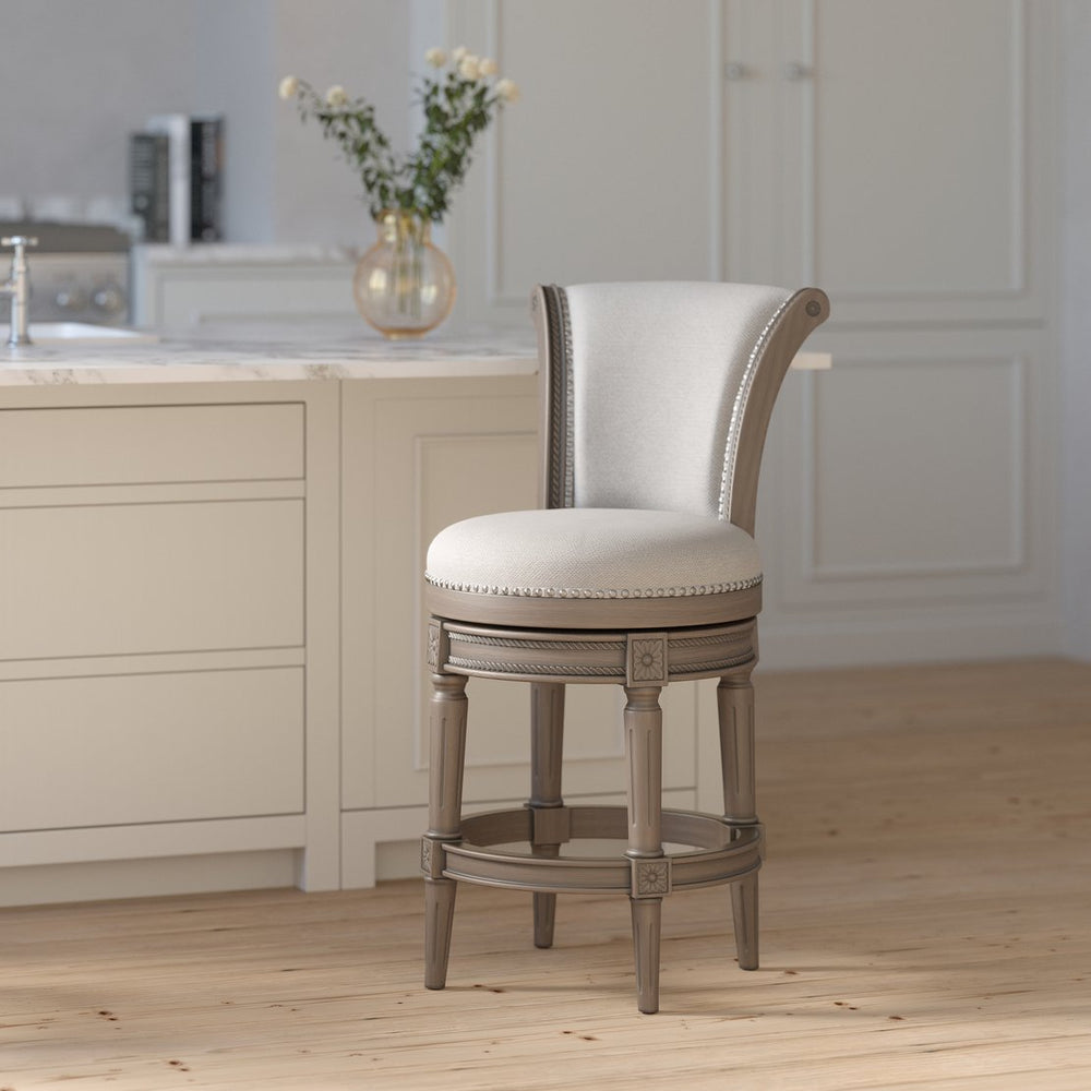 English Elm 26in. Wood High-back Swivel Barstool Farmhouse Style Nailhead Upholstered Kitchen Seat Gray B2751P436432