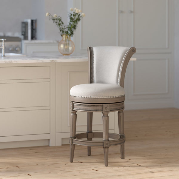 English Elm 26in. Wood High-back Swivel Barstool Farmhouse Style Nailhead Upholstered Kitchen Seat Gray B2751P436432