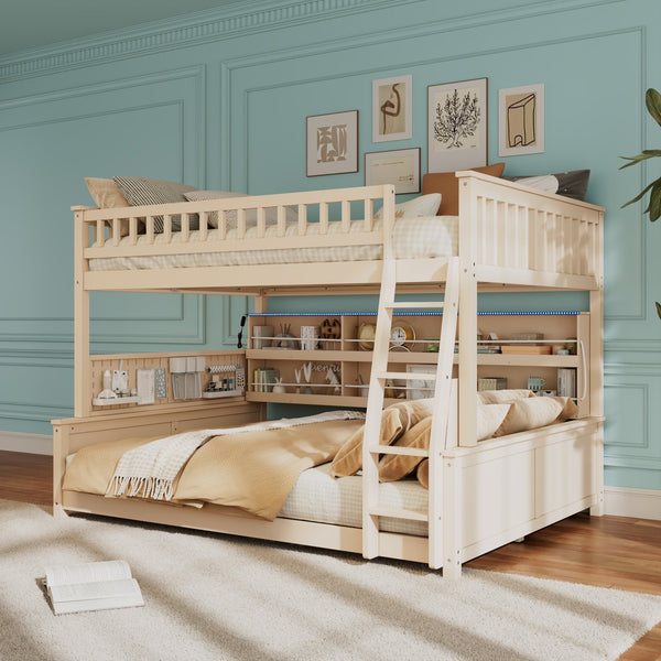 English Elm Full Xl Over Queen Bunk Bed Pinewood Frame with Led Lights Shelving Pegboard Beige LT000279AAA