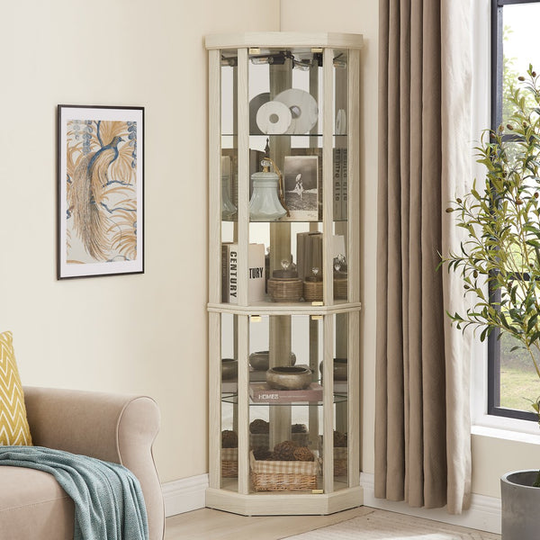 English Elm Corner Lighted Curio Cabinet with Mirrored Back Glass Shelves Classical Living Room Display Antique White W2275P194426