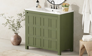 English Elm 36" Bathroom Vanity Organizer with Ceramic Sink, Solid Wood Distressed Finish, Hand-Painted Charm and Ample Storage Olive Green N729P255666F