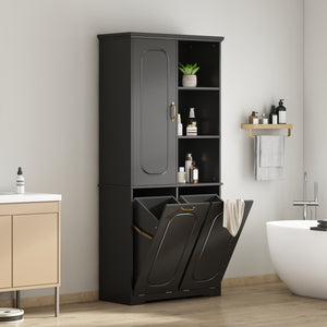 English Elm [video] Freestanding 68 Inch Tall Storage Cabinet with Tilt Out Hampers and Soft Close Door Black N759S427900B