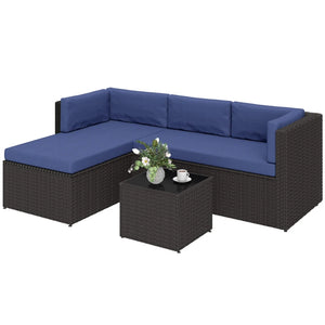 English Elm Comfortable Outdoor 3 Piece Pe Wicker Patio Set with Chaise Sofa and Glass Table Dark Brown,Navy Blue T3971S00210