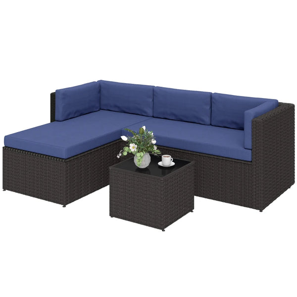 English Elm Comfortable Outdoor 3 Piece Pe Wicker Patio Set with Chaise Sofa and Glass Table Dark Brown,Navy Blue T3971S00210