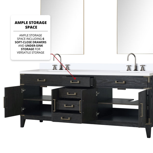 English Elm Black Oak Double Bath Vanity With White Quartz Top, Chrome Faucet Set & 36” Mirrors For Luxury Style B2731S02194