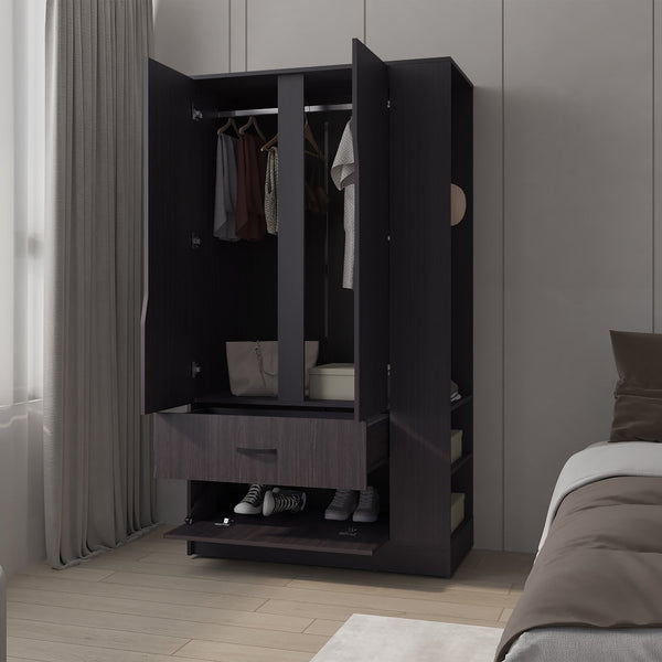 English Elm Wenge 3-Door Wardrobe with Drawer, Open Side Shelf & Hanging Rods — Deep Finish, Durable Storage B062S01382