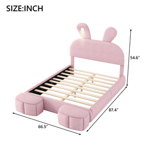 English Elm Full Pink Velvet Platform Bed Cartoon Ear Headboard Led Light Storage Stools N709P195300H-1