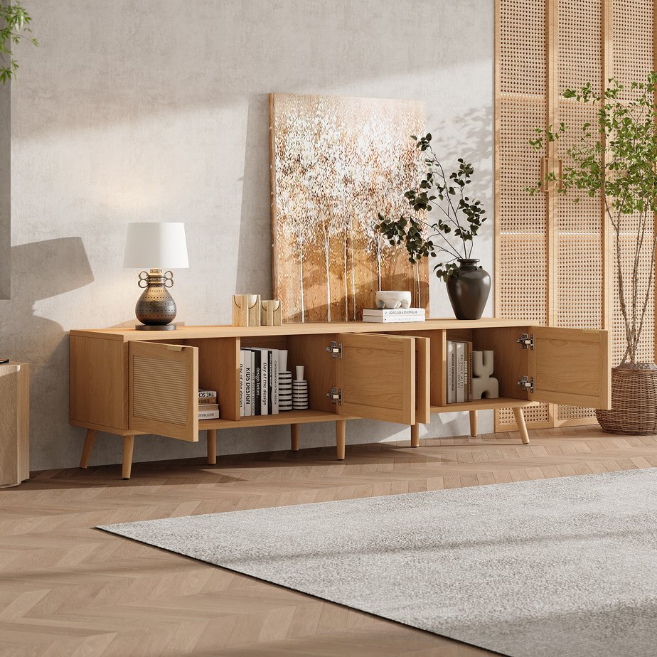 English Elm 70inch Rattan Door Media Console with Pine Legs and Cable Management for Living Room N710P365049P