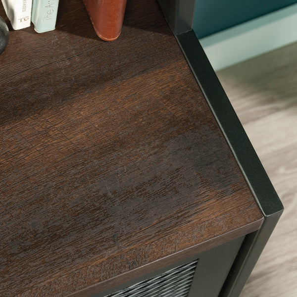 English Elm Narrow Bookcase - Modern Industrial Design In Warm Brown Finish With Adjustable Shelves & File Storage B356P367874