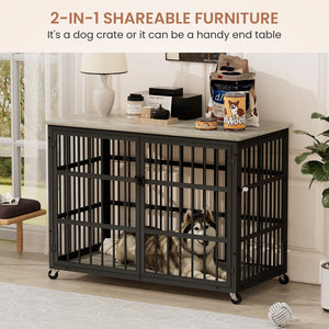 English Elm Furniture style dog crate with sturdy steel frame, particle board top for 150lb storage, fits dogs up to 70lb Grey W1162119832