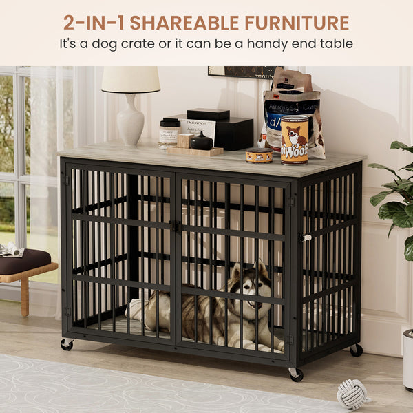English Elm Furniture style dog crate with sturdy steel frame, particle board top for 150lb storage, fits dogs up to 70lb Grey W1162119832