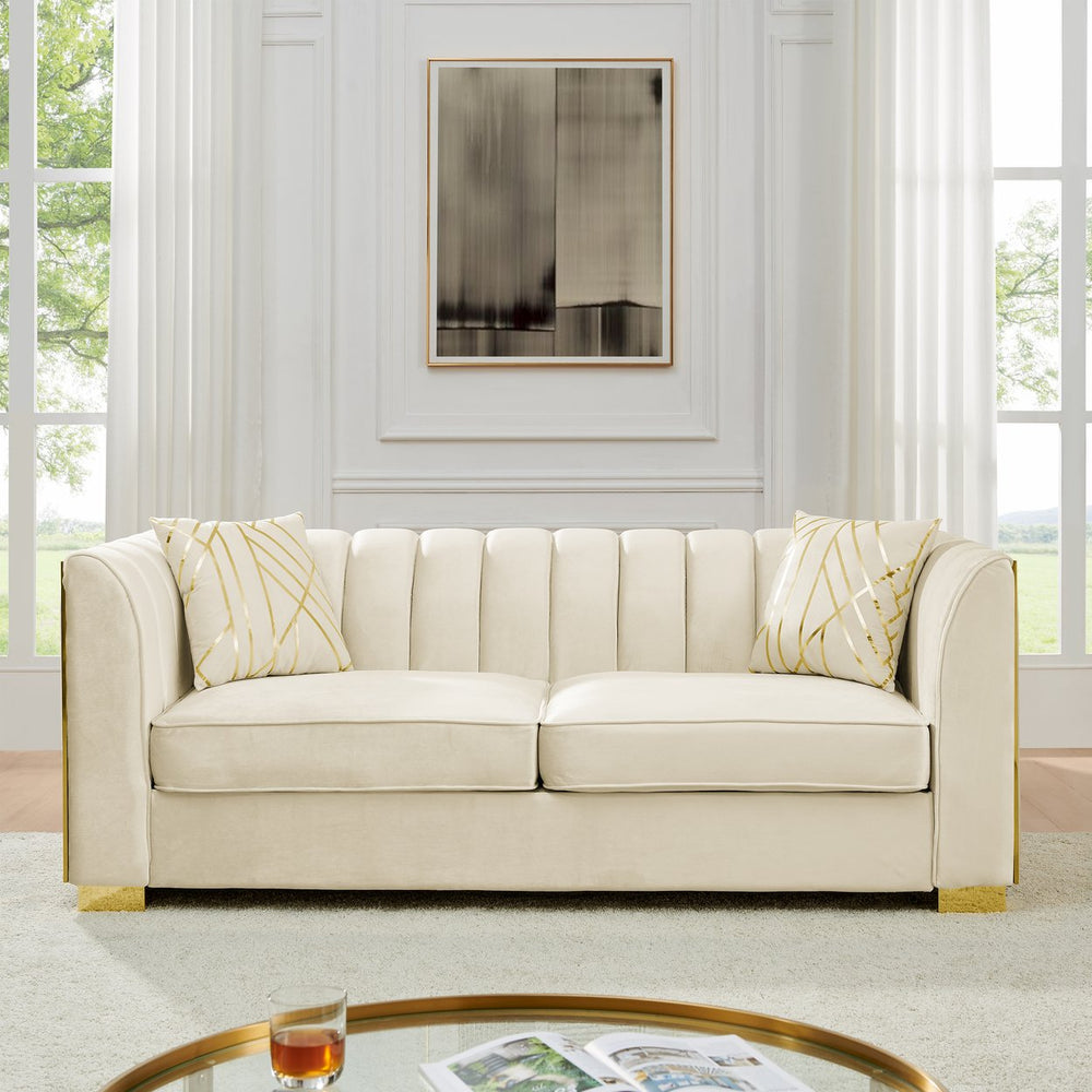 English Elm 81" Tufted Velvet Chesterfield Sofa with Gold Steel Legs for Elegant Living Rooms Beige W1191S00062