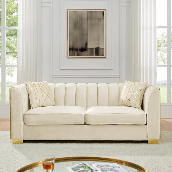 English Elm 81" Tufted Velvet Chesterfield Sofa with Gold Steel Legs for Elegant Living Rooms Beige W1191S00062