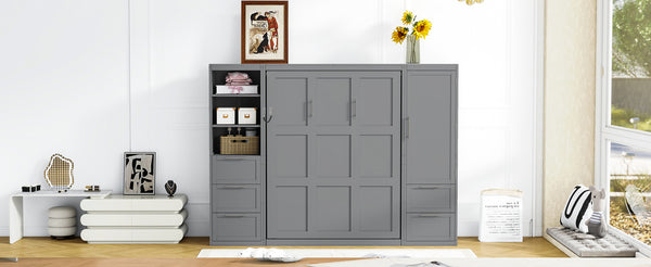 English Elm Queen Murphy Wall Bed with Wardrobe Drawers and Shelves for Studio or Guest Room Gray LP000865AAE-2