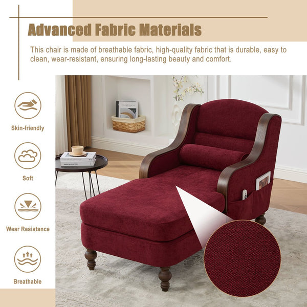 English Elm UNITED Oversized Chaise Lounge Sofa Bed with Solid Wood Arms, High-Resilience Foam, 800lb Capacity and Storage Pockets WINE RED W1568S00210