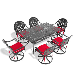 English Elm 7-Piece All-Weather Cast Aluminum Dining Set With 6 Swivel Chairs And Umbrella-Ready Table W1710S00454