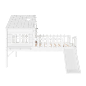 English Elm Twin Playhouse Loft Bed Solid Pine Frame with Slide Led Lights and Star Roof White W5316S00004