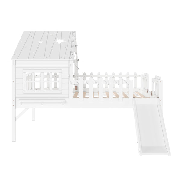 English Elm Twin Playhouse Loft Bed Solid Pine Frame with Slide Led Lights and Star Roof White W5316S00004