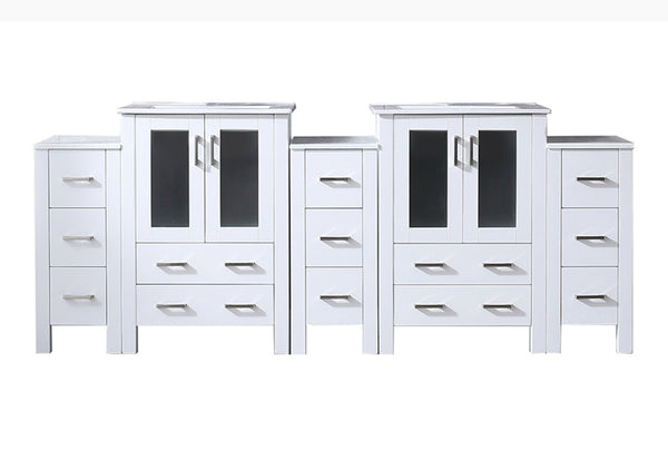 English Elm White Double Bath Vanity 84 in. W x 18.25 in. D with Side Cabinets, Soft-Close Drawers, Ceramic Top, Mirrors Included B2731S00601