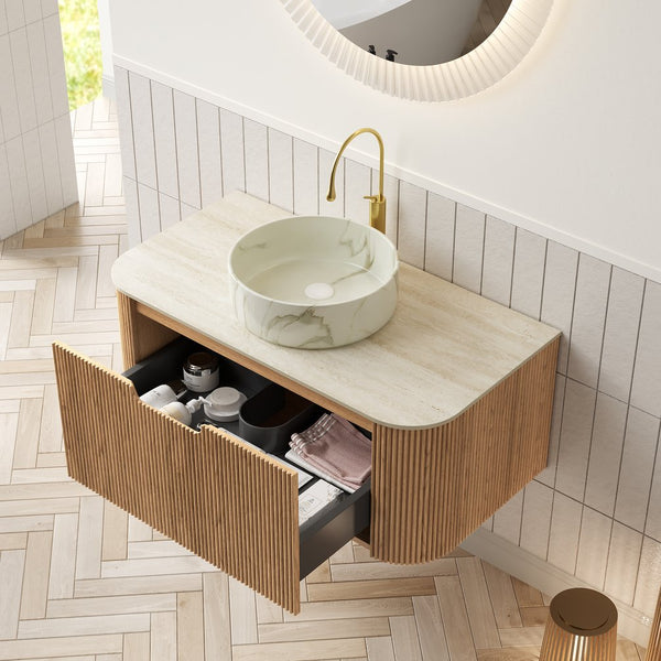 English Elm Dina Floating Bathroom Vanity Sintered Stone Top Glass Basin Striped Plywood Cabinet W2615S00509