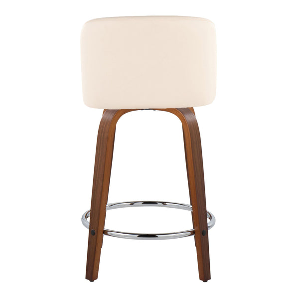 English Elm 24" Mid-century Swivel Barstools Walnut Tapered Legs Faux Leather Seat Chrome Footrest Set Cream B202S00133