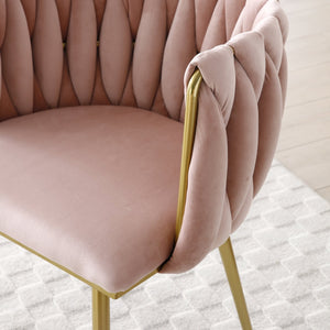 English Elm Modern Velvet Upholstered Dining Chairs Woven Back Gold Legs Set of Two W1117P440621