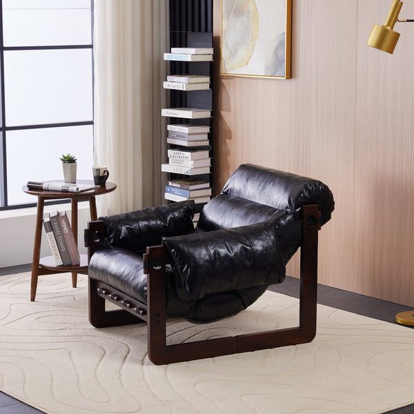 English Elm Medieval premium lounge chair with oil-waxed leather, removable cushion, mortise & tenon frame stability Antique Black W2989P328542