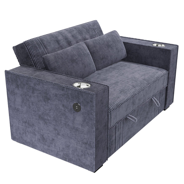 English Elm Dark Gray Corduroy Convertible 2-Seat Sleeper Sofa with Cup Holders, USB Ports, Pillows, Tufted Comfort B011S01584