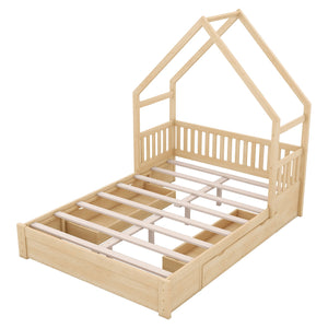 English Elm Wood Queen Size House Platform Bed with Guardrail and 2 Drawers — Charming Kids’ Playful Storage Bedframe Natural GX000726AAN