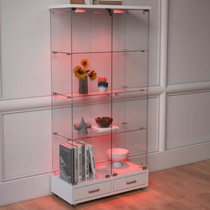 English Elm Modern Glass Display Cabinet With Led Lights & Drawers - Stylish 4-Shelf Storage For Any Room W241S00058