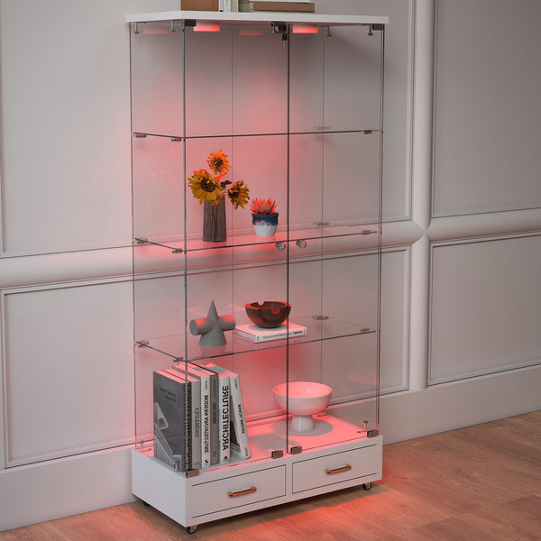English Elm Modern Glass Display Cabinet With Led Lights & Drawers - Stylish 4-Shelf Storage For Any Room W241S00058