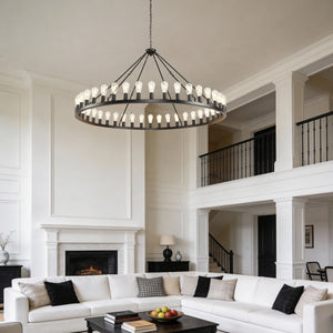 English Elm 64 Inch Wagon Wheel Chandelier 42 Light Matte Black Farmhouse Pendant for Vaulted Rooms W5008P389353